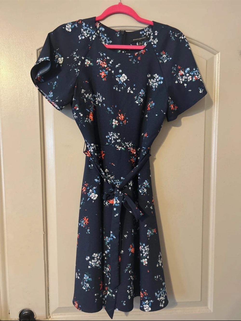 Banana Republic Navy Floral Fit-and-Flare Dress with Tie Waist